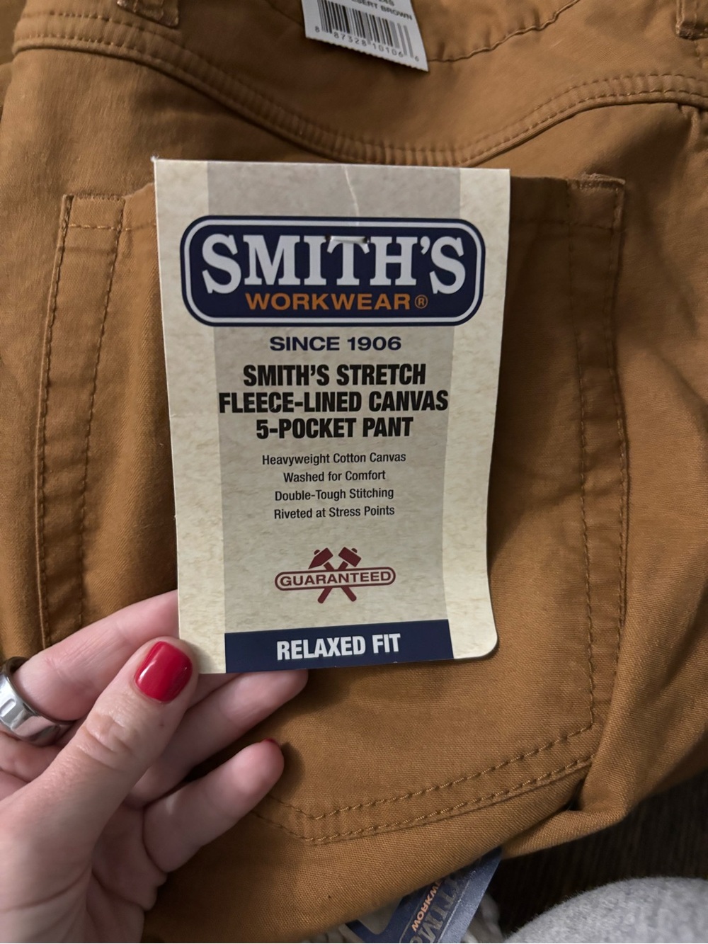 Smith's Workwear stretch fleece-lined canvas 5-pocket pants in brown - Picture 2 of 2